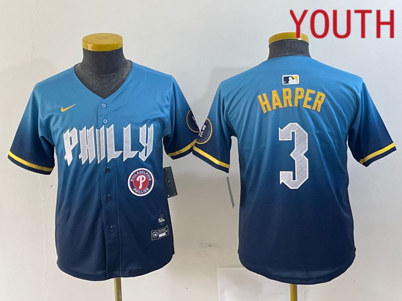 Youth Philadelphia Phillies 3 Bryce Harper Nike Blue 2024 City Connect Limited Player Jersey style 6